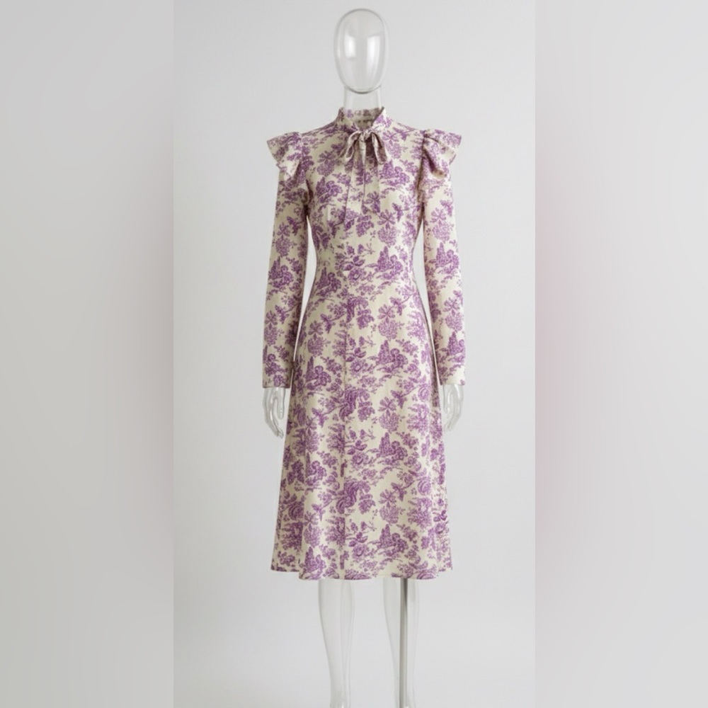 Toile de Jouy print Vintage Style Purple & Cream Midi Dress